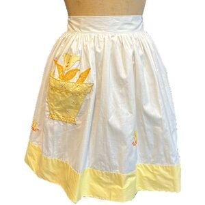 VINTAGE mid century MCM 60s kitchen baking half apron tie back‎ sunny flower pot